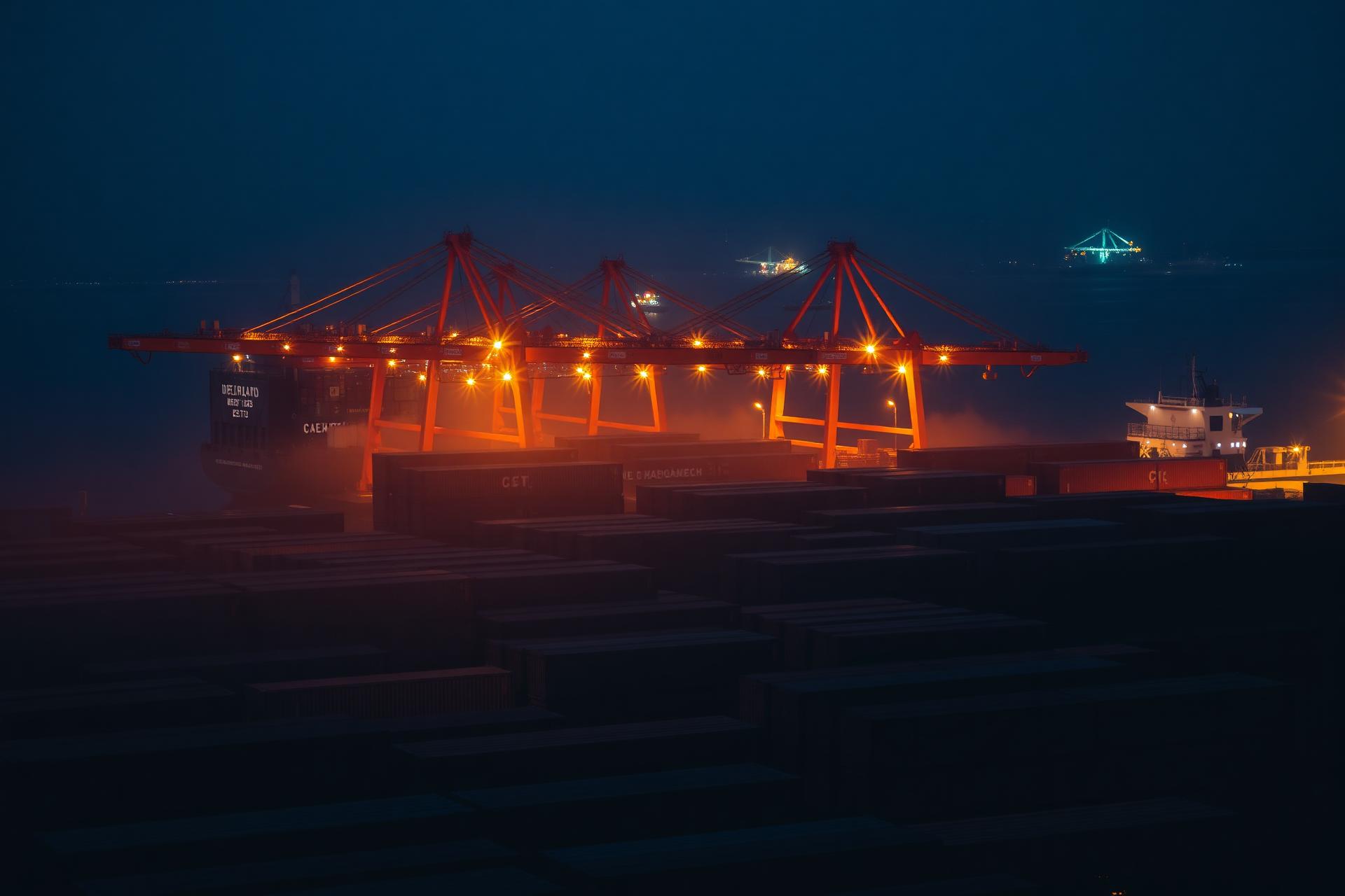 Global shipping port at twilight